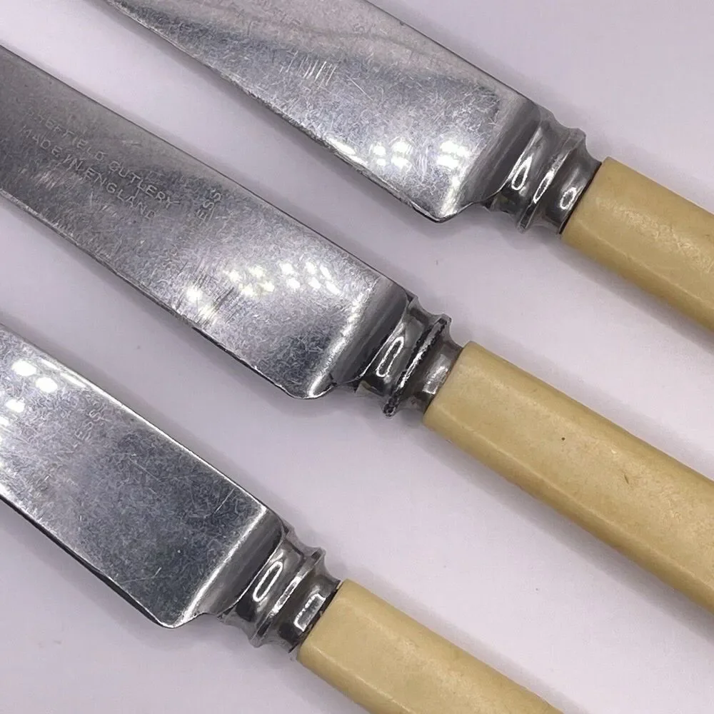 Bakelite Handle Yellow SHEFFIELD Butter Knife Set of 3 Lot MCM Vintage 8